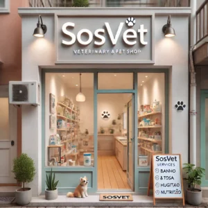 DALL·E 2024-12-16 12.01.17 - A cozy small veterinary clinic and pet shop named 'SOSVET' located in a neighborhood setting. The storefront has a welcoming, clean appearance with a