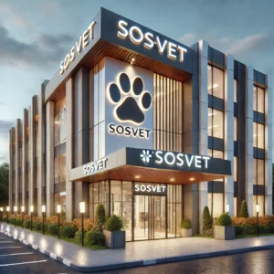 DALL·E 2024-12-16 12.01.23 - A large, modern veterinary hospital and pet care center named 'SOSVET'. The building has a sleek, professional design with large glass windows, a clea